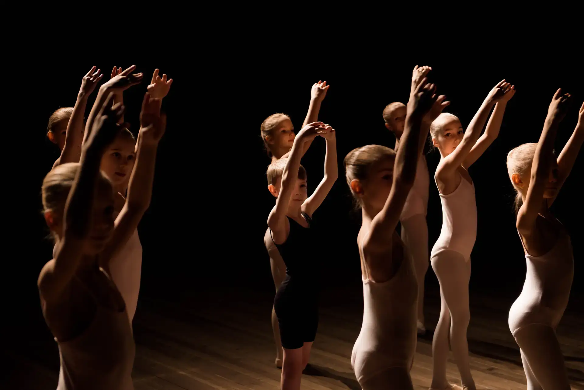 Children taking ballet lesson in darkened studio, with arms in fifth position